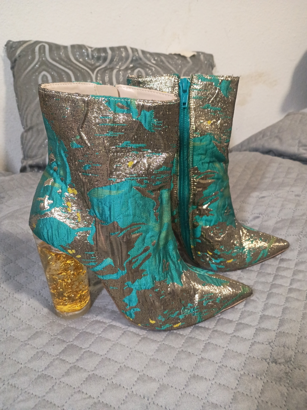 RAYE Teal and Gold Metallic Sculpted Block-Heel Ankle Boots